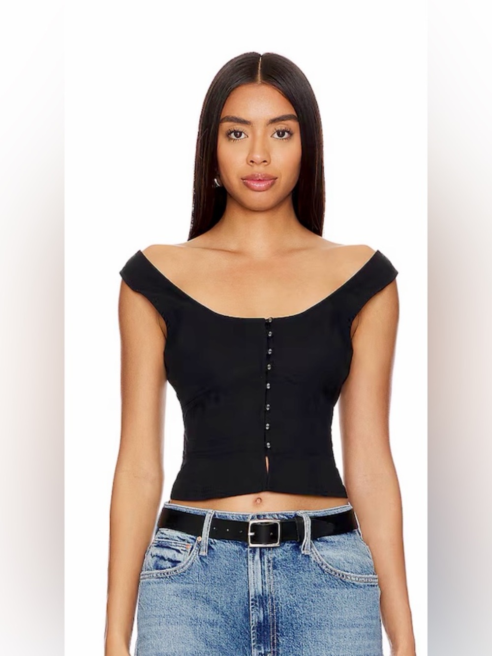 NWT – Free People – Sally Corset Top – Black Off-Shoulder Button Front – Sz. S